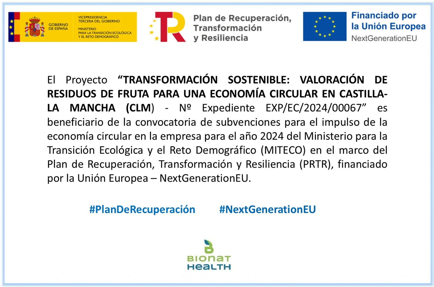 EU funding acknowledgment — project Transformación Sostenible (EXP/EC/2024/00067), financed by the European Union, NextGenerationEU, under the Recovery, Transformation and Resilience Plan