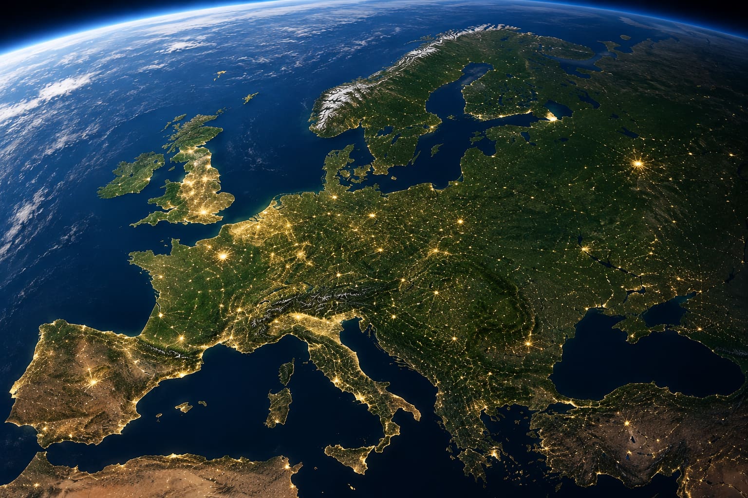 Europe seen from space at night, with city lights glowing across the continent